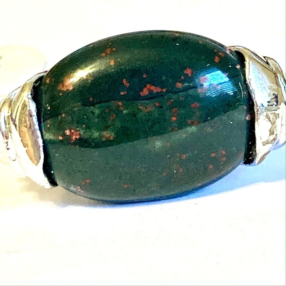 Vtg Silver Jasper Art Deco Cocktail Ring Size 7 Oval Cut Natural Stone Plated